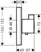 Hansgrohe Unterputz-Thermostat mit runder Frontplatte und einem seitlichen Anschluss. Maße sind im Bild schematisch dargestellt.
